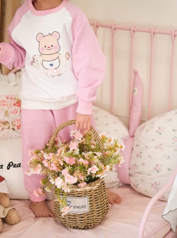 Bn154-(8-26kg) Bộ nỉ thu đông bé gái gấu trắng hồng VNXK