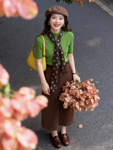 🍃SET850- Set áo cotton xanh rêu mix CVnâu socola