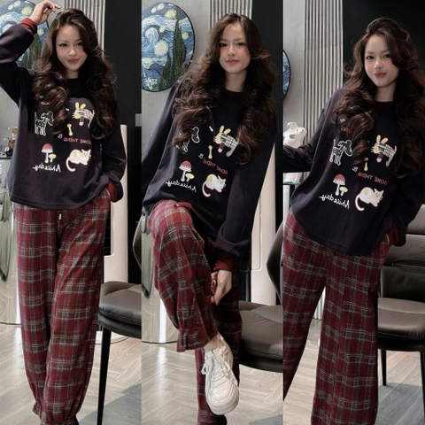 Set840- Bộ nỉ haida đen phối quần dạ kẻ suông