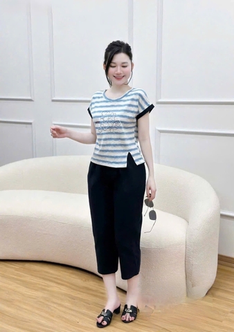 Set729-Set mặc nhà áo thun giấy phối quần lửng pha gió cạp chun