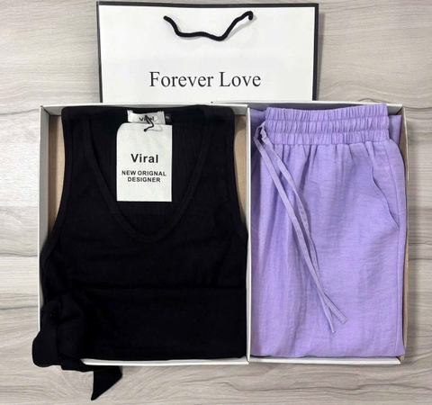 Set672- Set áo thun đen mix Quần đũi tím cạp chun