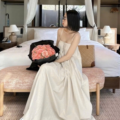☘️Dam161-  VÁY maxi lien  LI CÚC TRAI CHUN SAU 2 màu trắng- đỏ 🌷