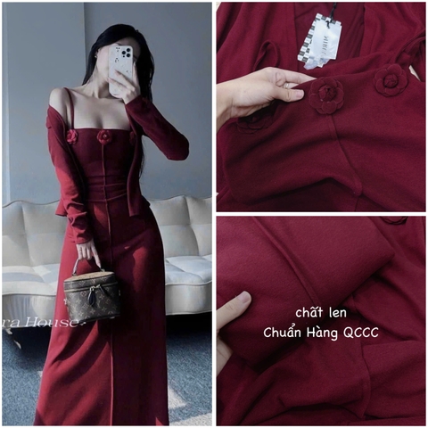 SET393- Set áo cadigan đỏ phối váy 2 dây đính hoa