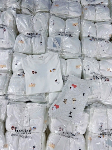 Set632- Bộ cotton zip trắng in cún dáng cộc