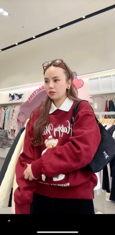 A165-Áo nỉ đỏ thu đông phối cổ trắng gấu WHOAU