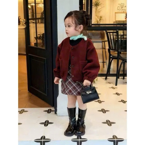 BT827-SEt dạ 3 chi tiết 2 lớp đỏ-vàng bé gái thiết kế