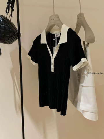 A310- Áo polo len dệt kim cộc tay vải tăm 2 màu đen trắng