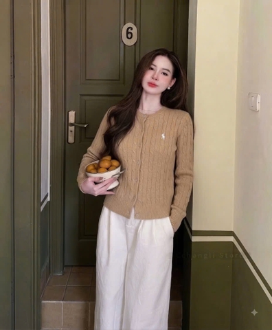 A684-Áo len cadigan nâu thêu ngựa hàng nhà máy đủ tem