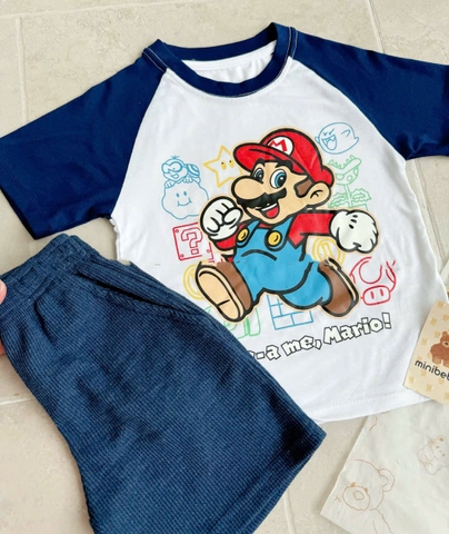 BT525- Bộ ao cotton trắng phối Mario mix quần cua tăm bé trai