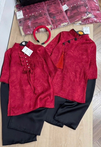 SETKID059- Set áo dài trai/gái đỏ quần lụa đen