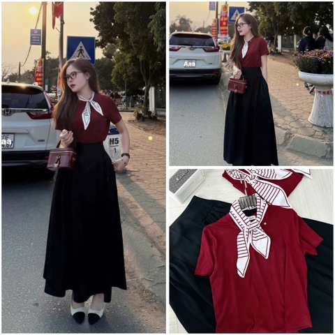 SET483-Set áo thun đỏ phối chân váy midi tặng kèm khăn rời