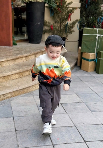 BN323-Bộ nỉ bông KHỦNG LONG CAM mix nỉ bông núi hộp bé trai