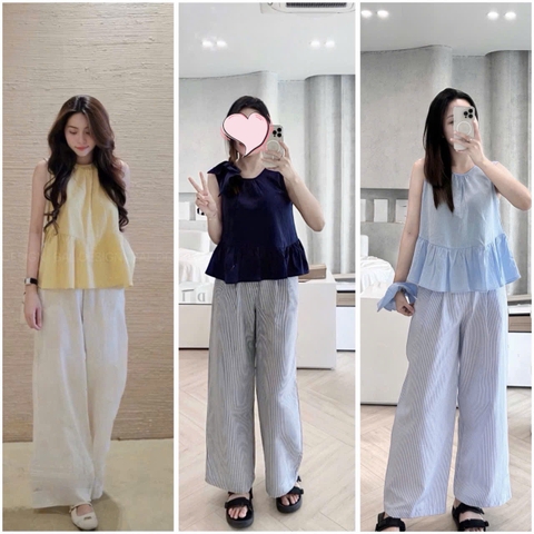 SET637- SET  QUẦN KẺ ÁO BÈO TẶNG KÈM CHUN BUỘC TÓC 🌿