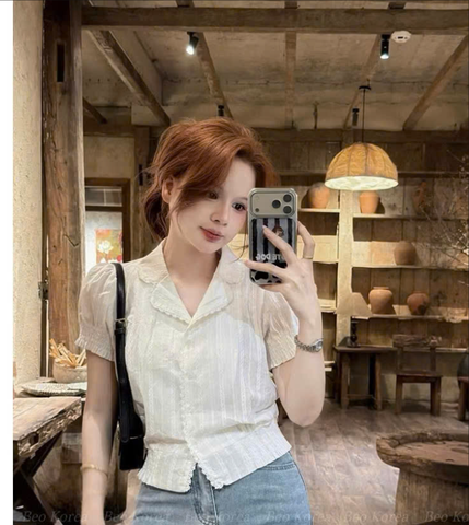 A627- Áo sowmi trắng đũi linen  bo gấu phong cách Hàn  QUốc