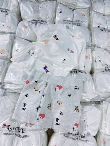 Set632- Bộ cotton zip trắng in cún dáng cộc