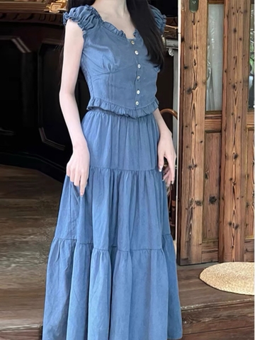 ☘️ SET283-SET ÁO KẺ LI-EN XANH BỒNG 2 LỚP CHẠY CHUN