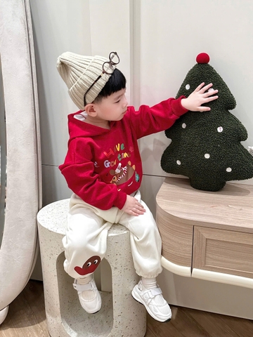 Bt702- Bộ nỉ Noel mũ bông trẻ em màu đỏ b e
