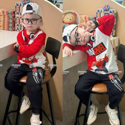 [ĐẾN 30kg]BT730-  Bộ phối trắng-đỏ áo cottom mix quần nỉ nhện