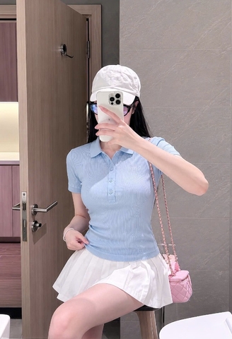 A624-Áo polo len tăm xanh nhạt thêu cá hnagf nhà máy đủ tem