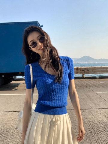 A645- Áo len thừng xanh dương cộc tay màu hot 2026