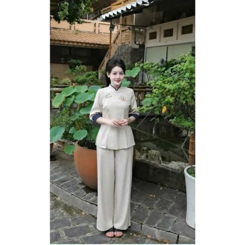 🌿SET253- PHÁP PHỤC ĐI CHÙA THÊU SEN 2 MÀU  THAN-BE