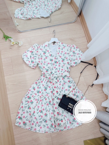 Đầm hoa hồng cổ V 2 lớp đai rời