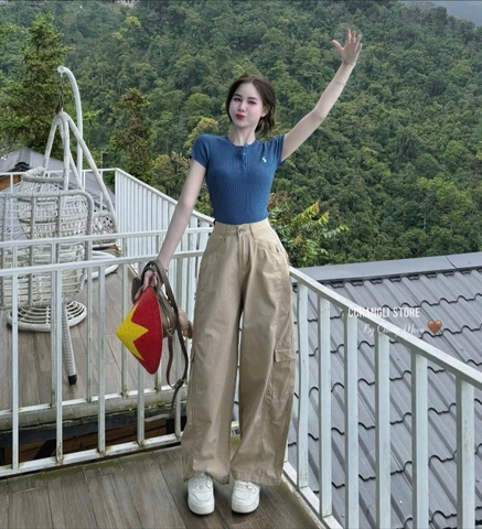 Set770-Set áo len dệt kim xanh coban phối quần jean suông nâu