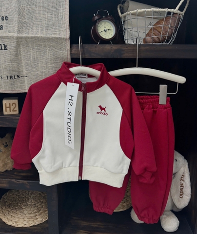 BT735- Bộ nỉ bé trai áo khoác kéo khoá phối quần chun bo ống 2 màu đen đỏ