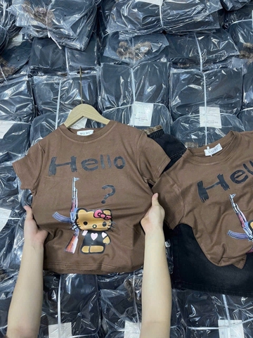 Set688- Set áo thun nâu hello mix quần short jeans