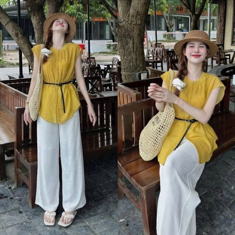 Set623- Set áo vàng quần đũi màu trắng tặng kèm belt