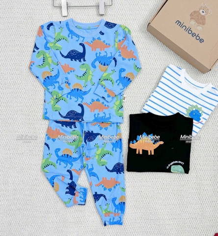 Bt784- combo 3 bộ dài tay cotton bé trai khủng long kẻ xanh