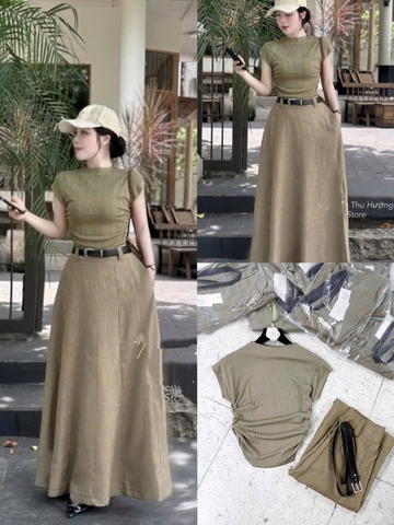 Set730- Set áo tăm nâu mix CV xoè dài tặng kèm