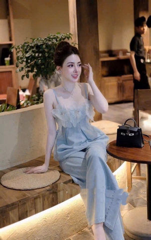 set631- Set hoa ren xanh dây chun lưng sau quần suông