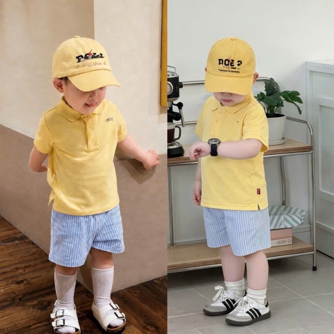 [KEM MU] BT976- Bộ polo vàng thêu logo kèm mũ quần kẻ xanh