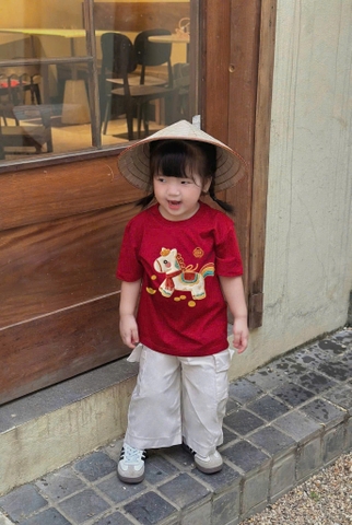 A458-Áo thun gia đình màu đỏ cộc tay Tết Bính Ngọ hình in giả thêu