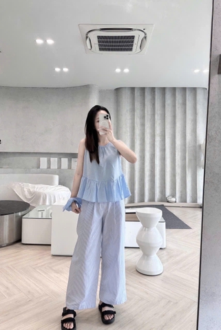 SET637- SET  QUẦN KẺ ÁO BÈO TẶNG KÈM CHUN BUỘC TÓC 🌿