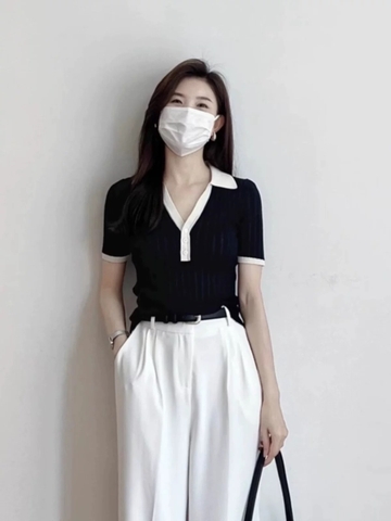 A310- Áo polo len dệt kim cộc tay vải tăm 2 màu đen trắng