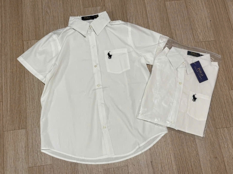 a465-Áo sơ mi trắng tay lật thêu cổ đức chất thô lụa hàng xuất