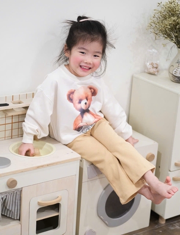 BN159-(8-26kg) Bộ nỉ thu đông bé gái gấu trắng phối quần thun nâu VNXK