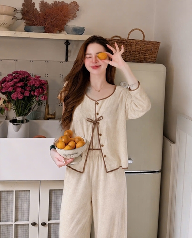 set1034- Set 3 món áo dây có đệm ngực kèm áo khoác và quần suông vải dip lông