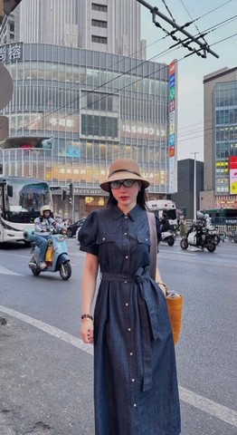 Dam144- đầm dáng dài thắt belt jeans mỏng cổ đức