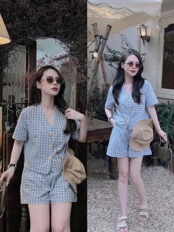 Set968- Set kẻ caro xanh quần short áo cộc