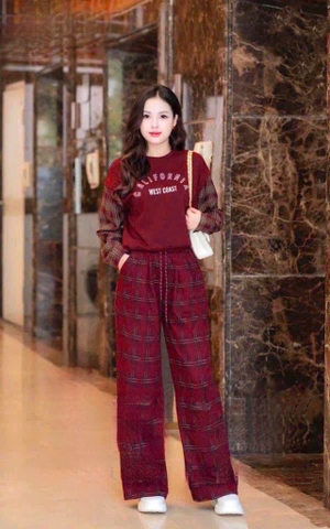☘️SE395-SET BỘ ÁO PHỐI QUẦN KẺ SUÔNG MÀU ĐỎ ☘️