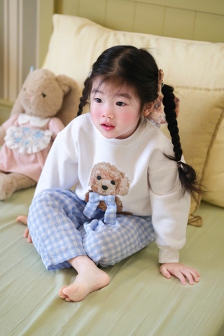 BN159-Bộ nỉ GẤU KẺ XANH bé gái VNXK