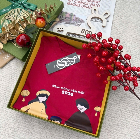 A559-Áo thun gia đình màu đỏ đô cộc tay Tết sum vầy