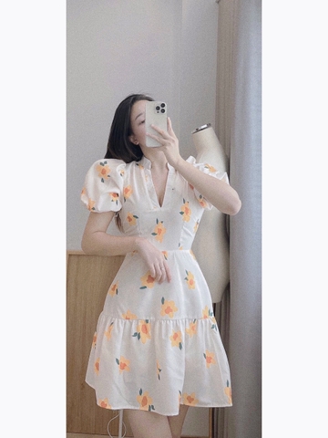 Đầm hoa cổ V xoè bèo 2 lớp