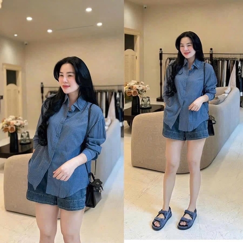 A127-Áo sơ mi kẻ xanh vải đũi lien