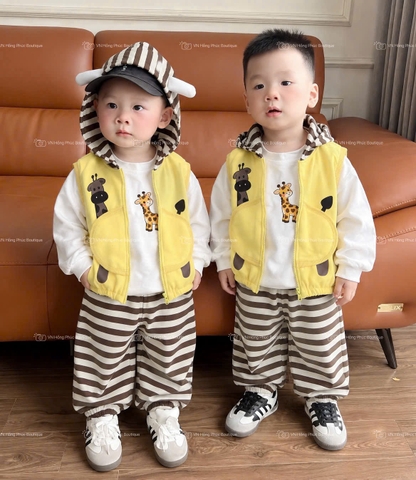 BT1074- Bộ hưou cao cổ 3 chi tiết mũ nhồi cute màu kẻ vàng