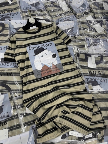 Dam164- Đầm suông cotton màu xanh rêu kẻ ngang in Cún