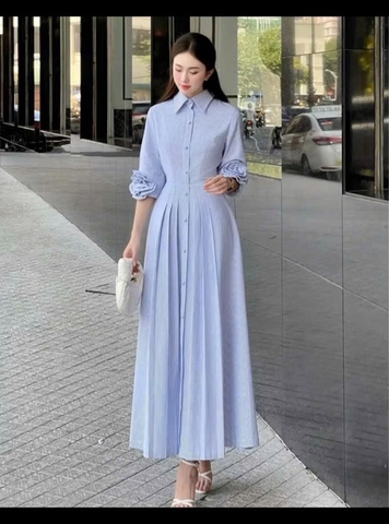 Dam183- Váy kẻ xanh dáng dài đính hoa nổi